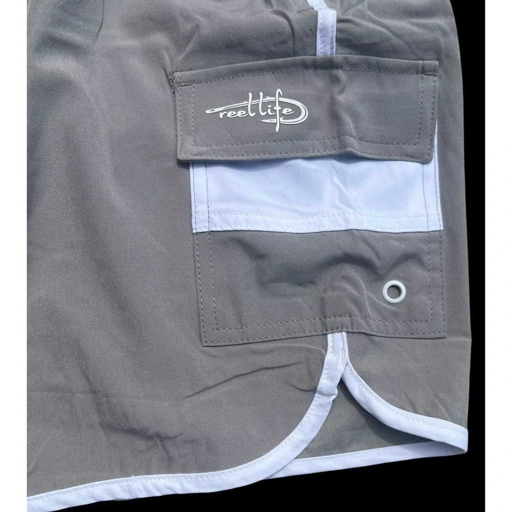 Reel Life Mens Gray Swim Trunks Shorts Lightweight pockets drawstring Large
